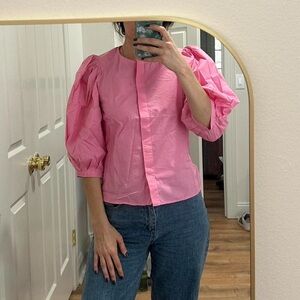 Zara Pink Button Down Puff Sleeve Shirt